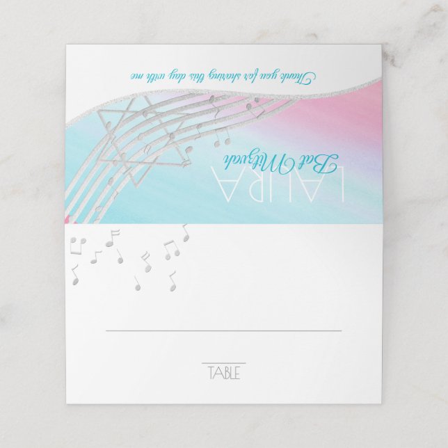 Music Bat Mitzvah Silver Musiknotens Sitzkarte Platzkarte (Außenseite Aufgefaltet)