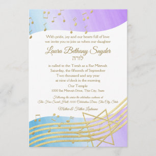 Music Bat Mitzvah Wasserfarbe und Gold Einladung