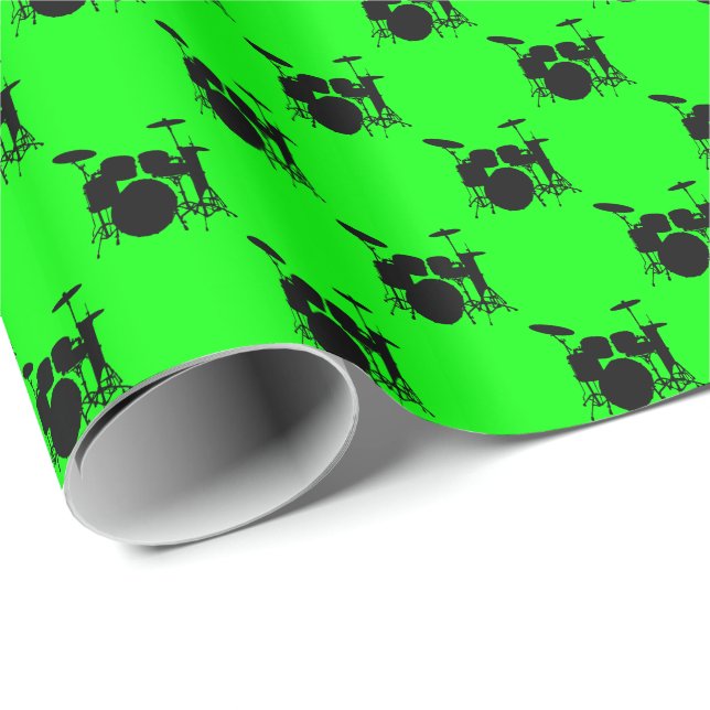Music Black Drum Set on Lime Green Geschenkpapier (Rolleneckpunkt)