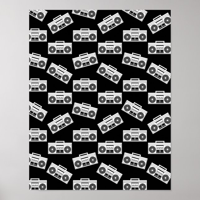 Music Boombox Print Art Muster Boomboxen Schwarz Poster (Vorne)