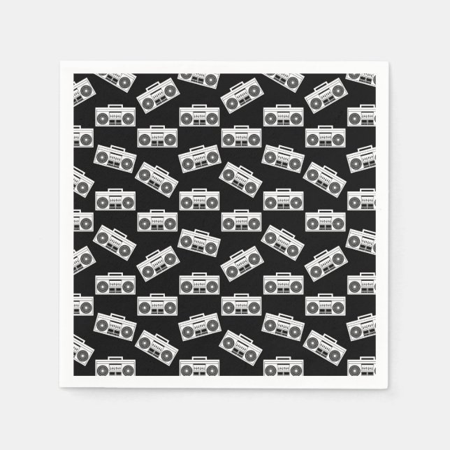 Music Boombox Print Art Muster Boomboxen Schwarz Serviette (Vorderseite)