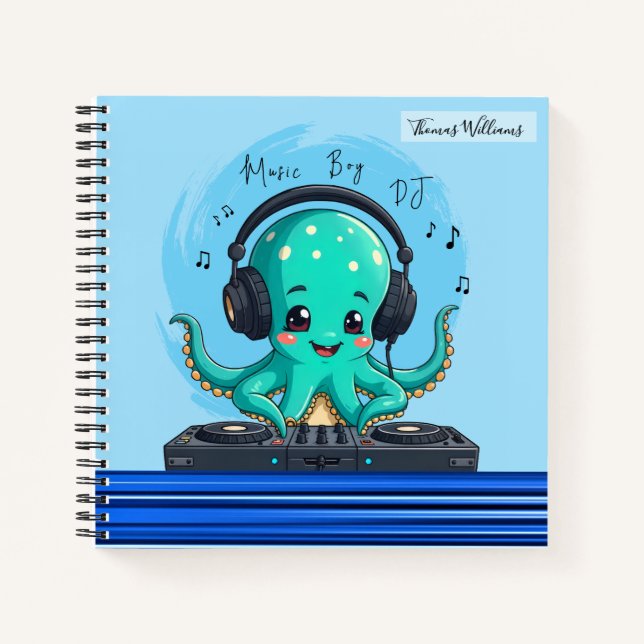 Music Boy, Happy Octopus DJ Party Notizbuch (Vorderseite)