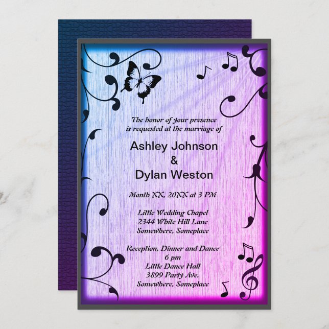 Music Butterfly Blätter Blue & Lila Wood Wedding Einladung (Vorne/Hinten)