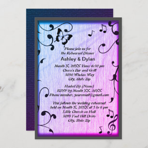 Music Butterfly Blätter Blue & Lila Wood Wedding Einladung