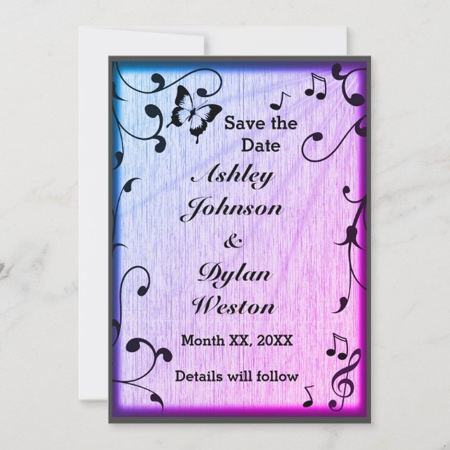 Music Butterfly Blätter Blue & Lila Wood Wedding Save The Date (Vorderseite)