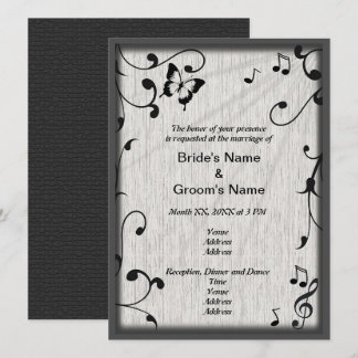 Music Butterfly Blätter Grau & Black Wood Wedding Einladung