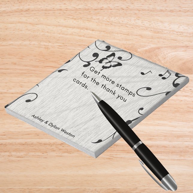 Music Butterfly Blätter Grau & Black Wood Wedding Notizblock (Music Butterfly Leaves Gray & Black Wood Wedding Notepad)