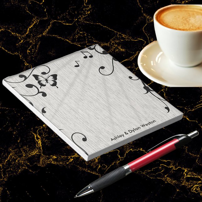 Music Butterfly Blätter Grau & Black Wood Wedding Notizblock (Music Butterfly Leaves Gray & Black Wood Wedding Notepad)