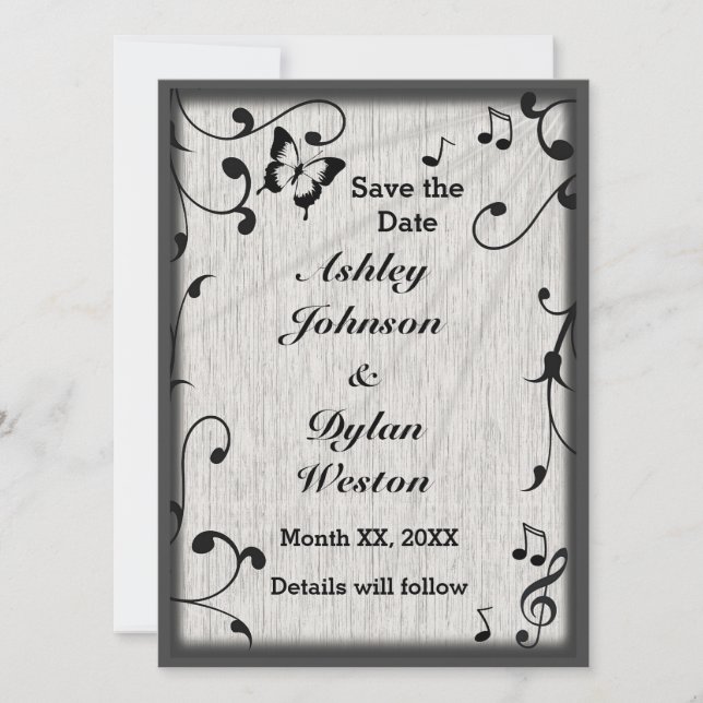 Music Butterfly Blätter Grau & Black Wood Wedding Save The Date (Vorderseite)