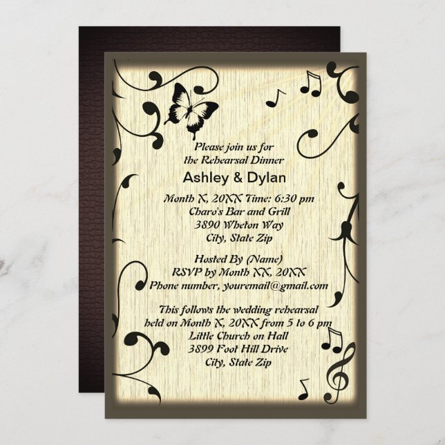 Music Butterfly Blätter Yellow Tan Wood Wedding Einladung (Vorne/Hinten)