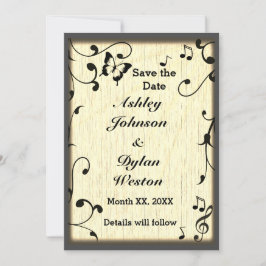 Music Butterfly Blätter Yellow Tan Wood Wedding Save The Date