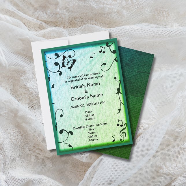 Music Butterfly Verlasse Grüne Holzhochzeit Einladung (Music Butterfly Leaves Green Wood Wedding Invitation)