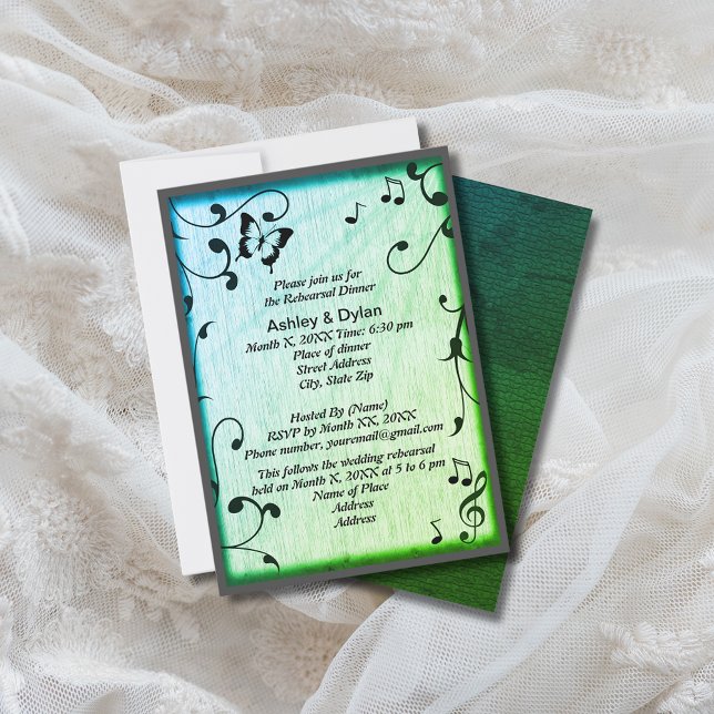 Music Butterfly Verlasse Grüne Holzhochzeit Einladung (Music Butterfly Leaves Green Wood Wedding Invitation)