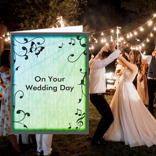 Music Butterfly Verlasst Grünholz-Grain-Hochzeit Karte (Music Butterfly Leaves Green Wood Grain Wedding Card)