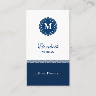Music Director - Elegant Blue Lace Monogram Visitenkarte