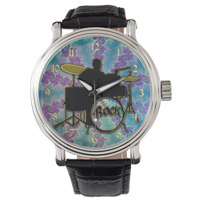 Music Drummer und Blue Green Fraktal Star Watch Armbanduhr (Vorderseite)