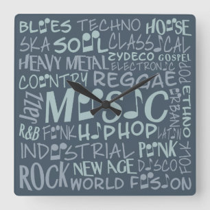 Music Genres Word Collage wall clock Quadratische Wanduhr