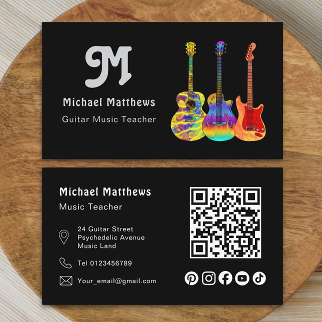 Music Gitarre Lehrer QR Code Social Media Custom Visitenkarte (Modern retro guitar music tutor professional musician social media qr code Business card )