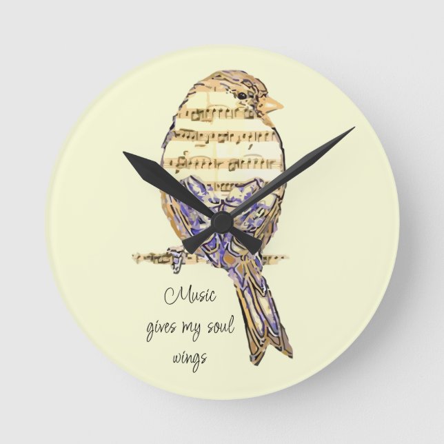  Music gives my soul wings Sparrow Bird Runde Wanduhr (Vorderseite)