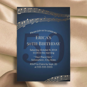 Music Gold & Navy Blue 50. Geburtstagsparty Einladung