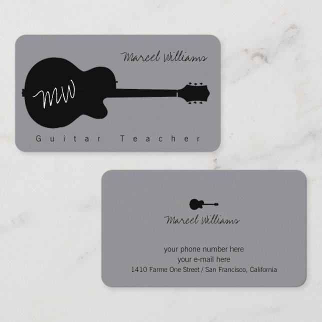 Music Gray Business Card with blk. Guitar Visitenkarte (Vorne/Hinten)