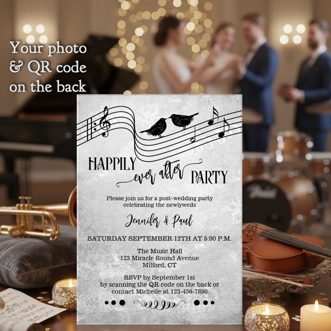 Music Happily Ever After Wedding Photo Einladung (Music themed Happily Ever After wedding invitation with song birds and musical notes in B&W + QR)