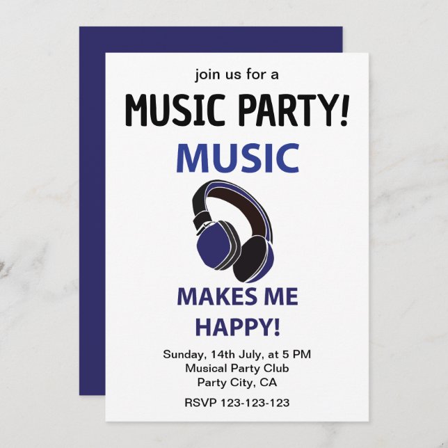 Music Headphone Music macht mich glücklich Party Einladung (Vorne/Hinten)