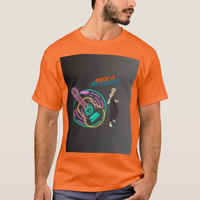 Music Is My Escape – Neon Guitar & Anime Boy  T-Shirt (Vorderseite)