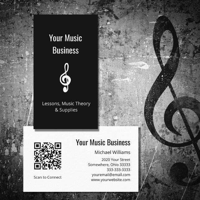 Music Lessons Simple Treble Clef QR Code Black Visitenkarte (Von Creator hochgeladen)