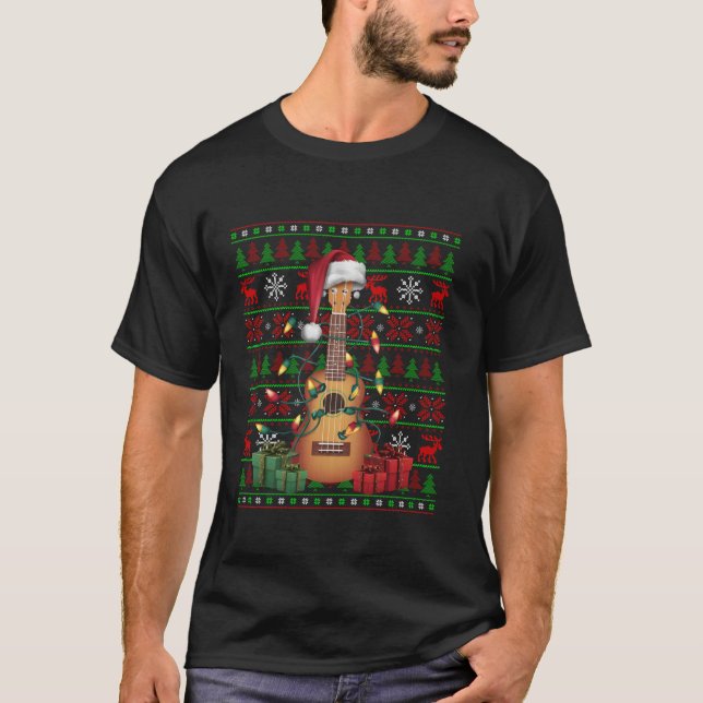 Music Lover Xmas Lights Ugly Musical Ukulele Chris T-Shirt (Vorderseite)