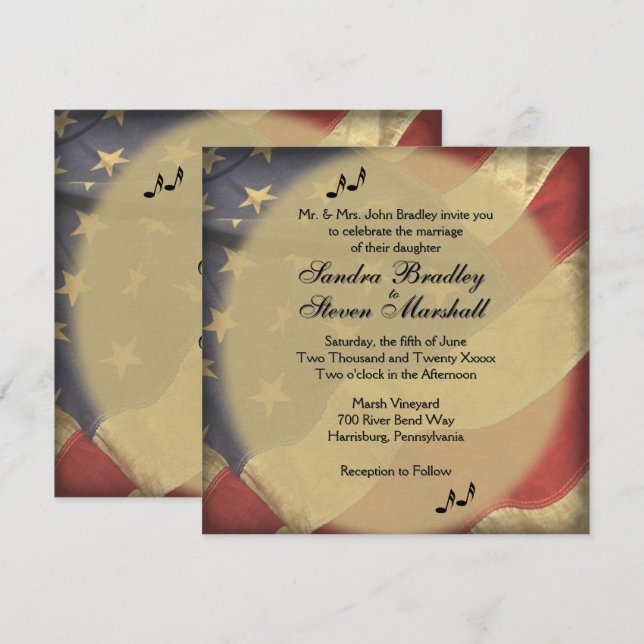 Music on Distressed American Flag Theme Wedding   Einladung (Vorne/Hinten)