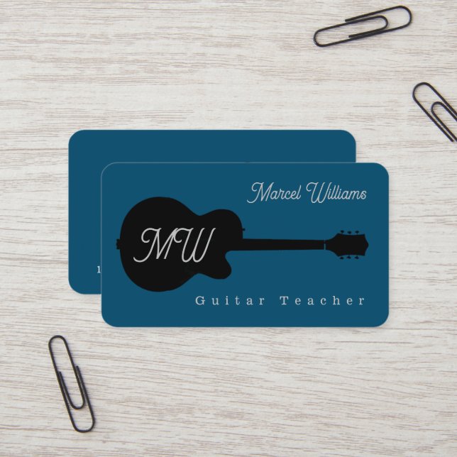 Music Teacher Blue Business Card mit schwarz. Gita Visitenkarte (Vorderseite/Rückseite Beispiel)