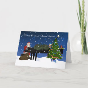 Music Teacher Card With Santa Playing Piano Feiertagskarte