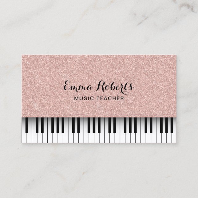 Music Teacher Rose Gold Glitzer Piano Visitenkarte (Vorderseite)
