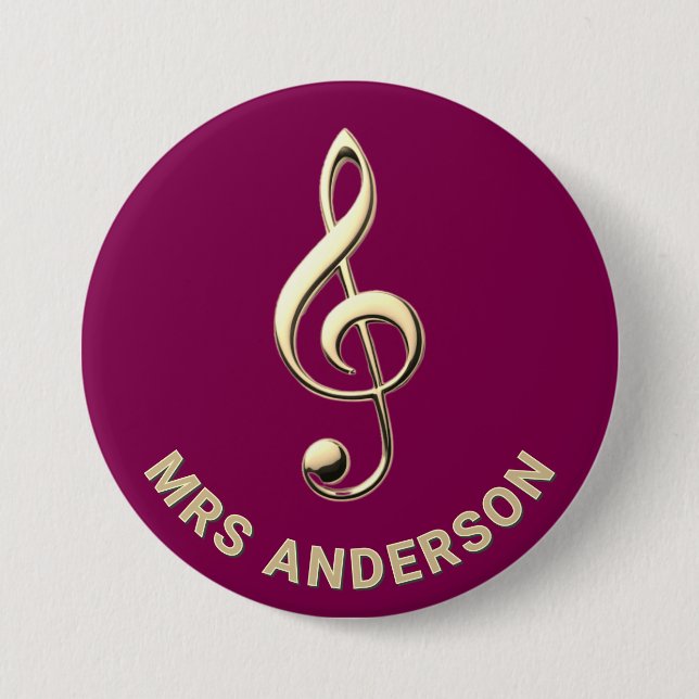Music Teacher Treble Clef Burgundy ID Badge Button (Vorderseite)