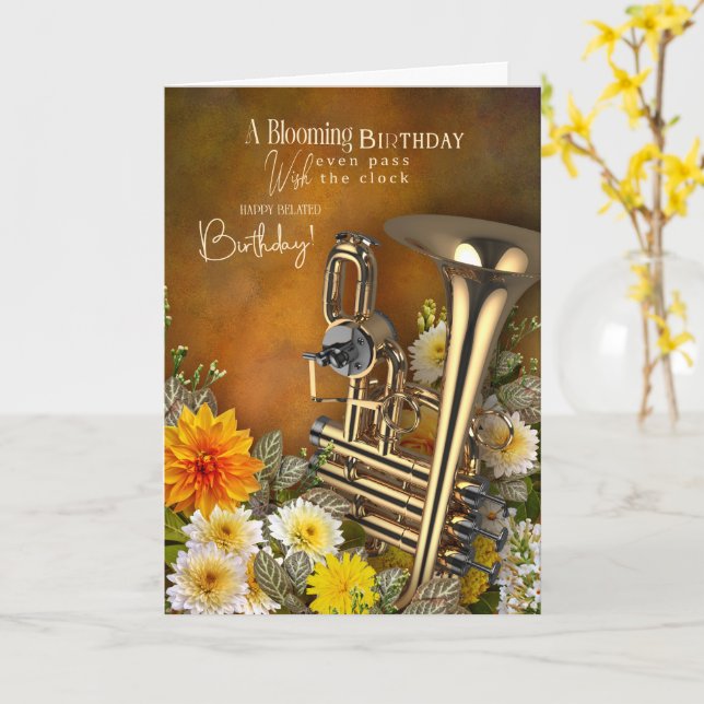 Music Theme Belated Birthday Card Brass Instrument Karte (Gelbe Blume)