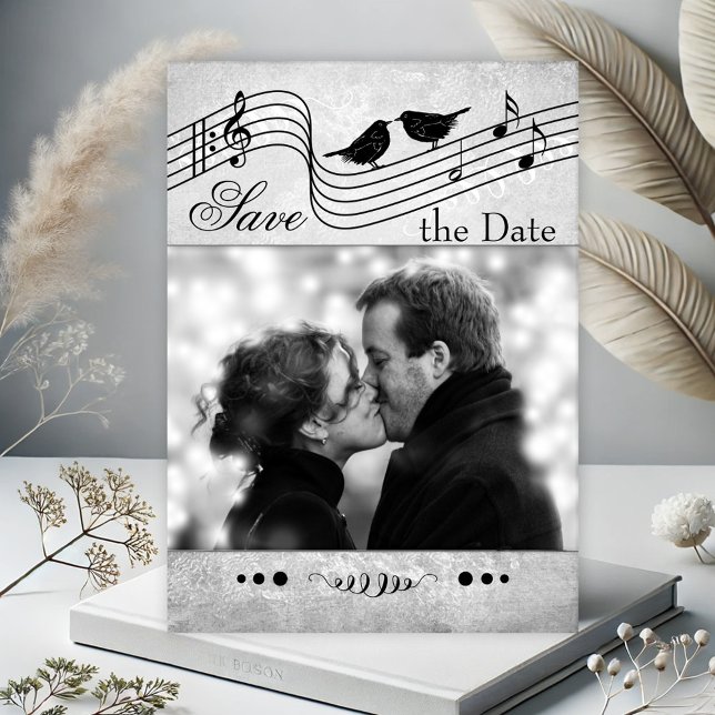 Music Themed Foto Save the Date Card (Photo Save the Date card with a music themed design in black and white with musical notes and birds)