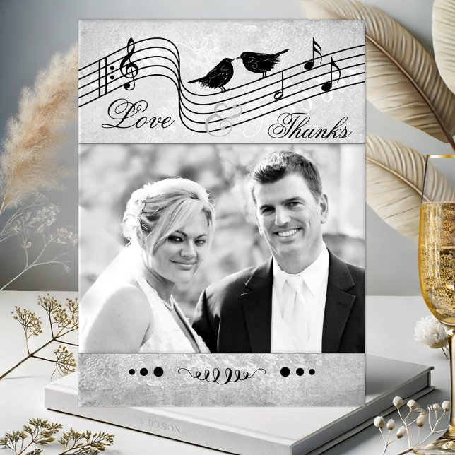 Music Themed Wedding Foto Vielen Dank Postcard Postkarte (Wedding Thank You postcard featuring your photo framed by a music themed design with love birds)
