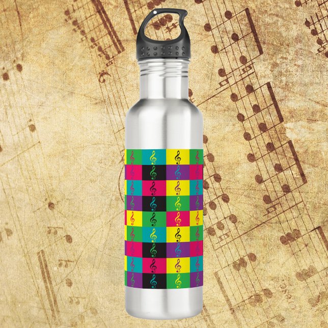 Music Treble Clef Muster farbenfroh Edelstahlflasche (A water bottle with a pattern of treble clefs in green, pink, blue, yellow and black)