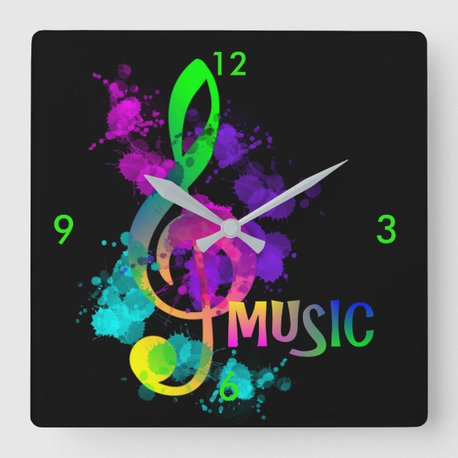 Music Treble Clef Rainbow Colors Paint Spritzer Quadratische Wanduhr (Vorderseite)