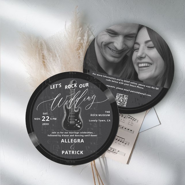 Music Vinyl All one Foto QR Rock Unsere Hochzeit Einladung (music theme wedding invitation rock vinyl record black white photo qr code all one musician guitar)