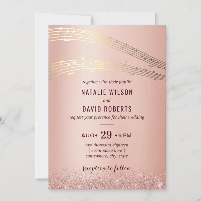 Music Wedding Modern Rose Gold Hintergrund Einladung (Vorderseite)