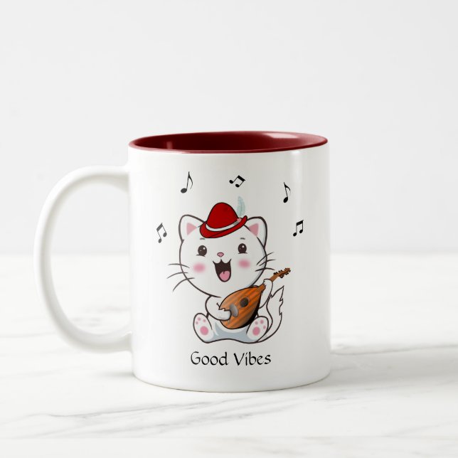 Musical Bard Kitty Cat mit Mandolin Two-Tone Coff Zweifarbige Tasse (Links)
