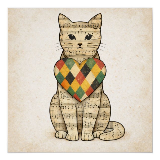 Musical Cat Collage with Harlequin Heart Poster (Vorderseite)