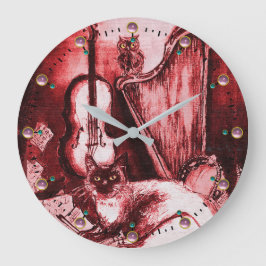 MUSICAL CAT WITH OWL VIOLIN AND HARP ,RED WHITE GROßE WANDUHR