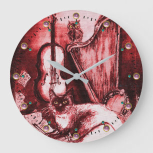 MUSICAL CAT WITH OWL VIOLIN AND HARP ,RED WHITE GROßE WANDUHR