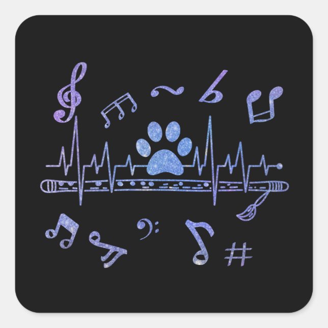 Musical Flute with Paw Prints Quadratischer Aufkleber (Vorderseite)