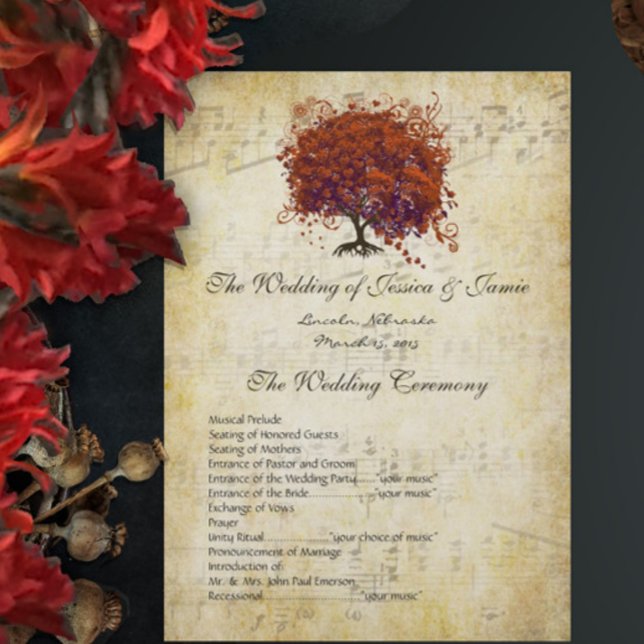 Musical Gold Dark Coral Heart Tree Wedding Program Programm (Von Creator hochgeladen)