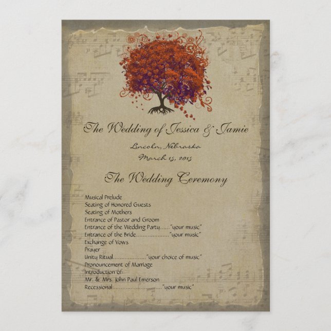 Musical Gold Dark Coral Heart Tree Wedding Program Programm (Vorderseite)