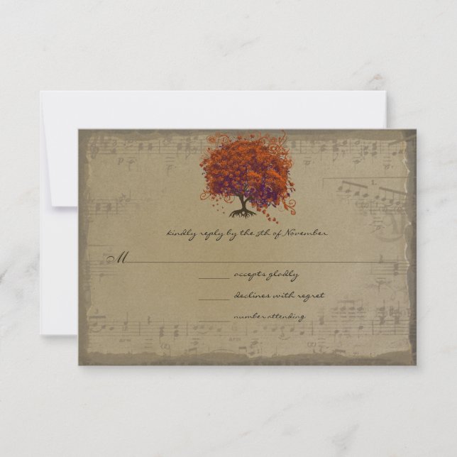 Musical Gold Dark Orange Plum Heart Leaf Tree RSVP Karte (Vorderseite)
